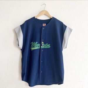Vintage Looney Tunes 1998 Marvin The Martian Navy Blue Jersey Button Down